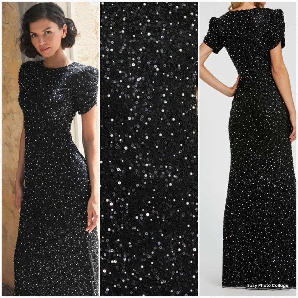 MAC DUGGAL 24003 Womens Black Gathered Short Sleeve Beaded Gown